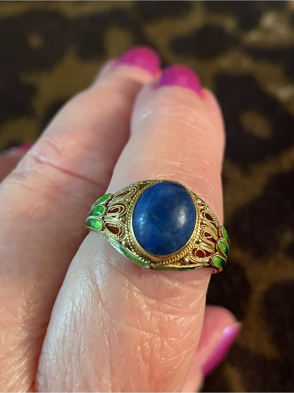 New Vintage-Inspired Blue Stone Gold Filigree Ring with Green Accents adjustable